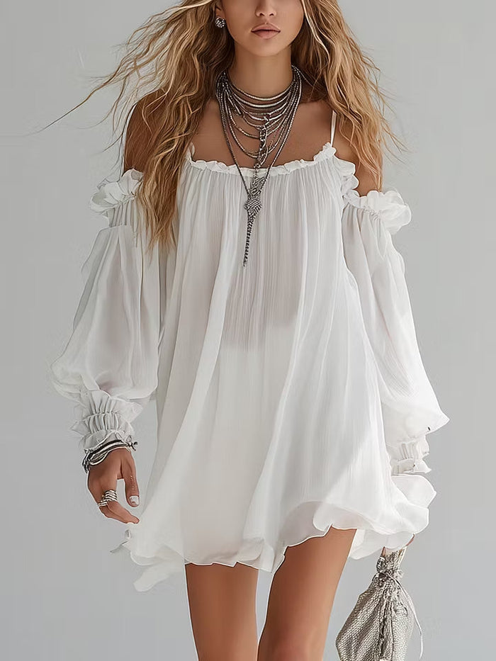 Mélusine | Robe Mini Fluide Style Bohème à Épaules Dénudées