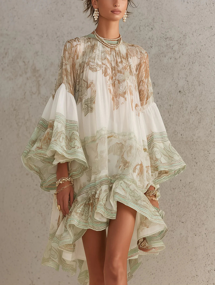 Rosalie | Robe Mini en Mousseline à Manches Volantées et Ourlet Rayé Vert