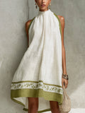 Agathe | Robe Mini Trapèze Sans Manches Blanche et Vert Olive à Fleurs