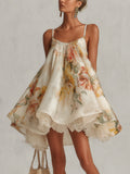 Blanche | Robe Mini Trapèze en Organza Fleurie Beige à Bordure en Dentelle