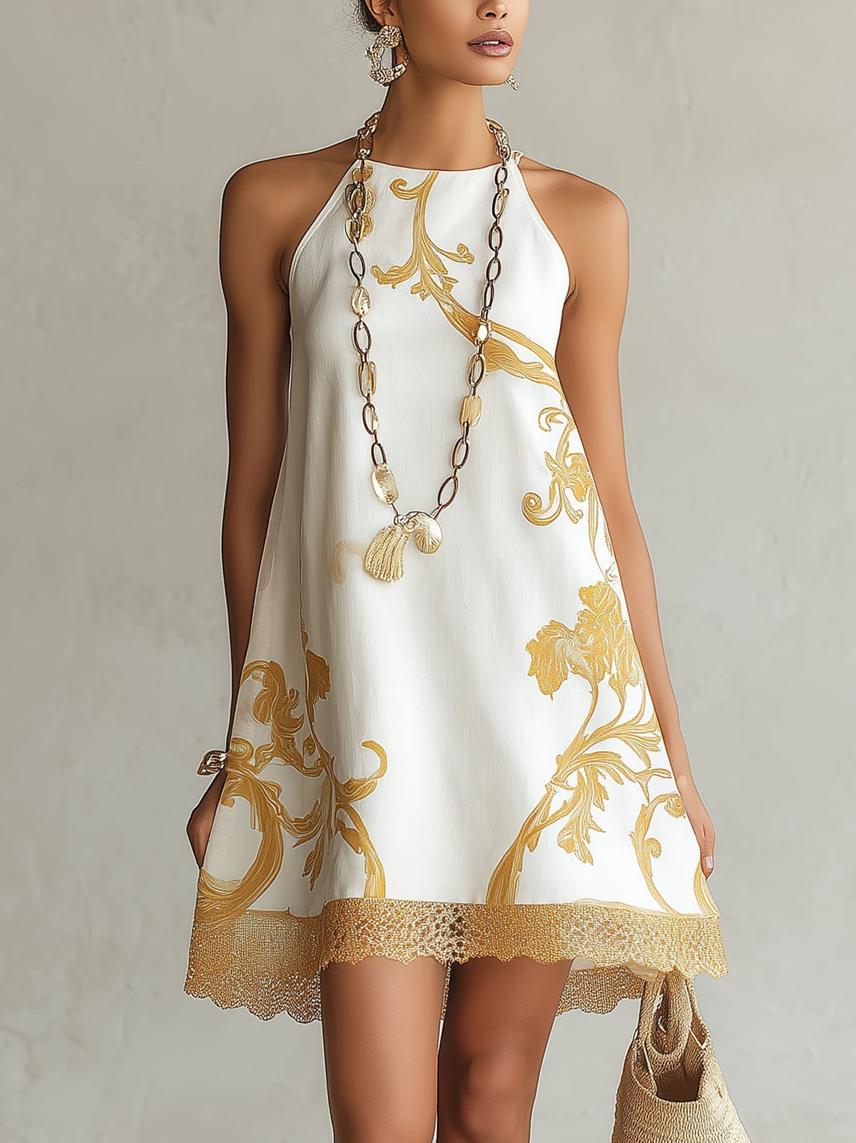 Héloïse | Robe Mini en Dentelle Blanche à Motifs Dorés