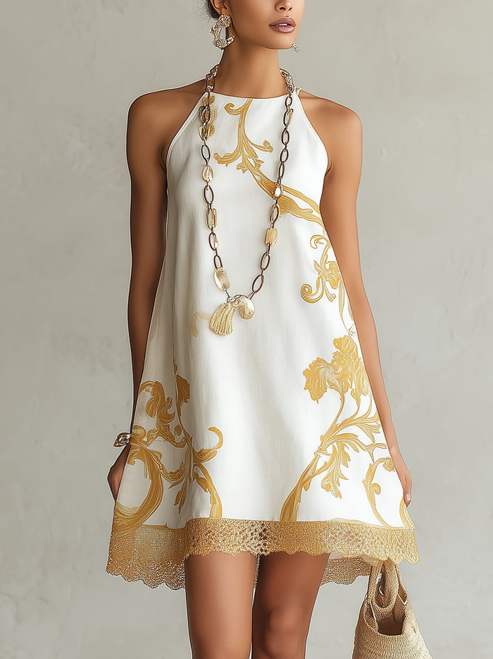 Héloïse | Robe Mini en Dentelle Blanche à Motifs Dorés