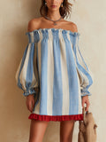 Ondine | Mini Robe Rayée Bleu et Blanc à Épaules Dénudées et Ourlet Contrasté