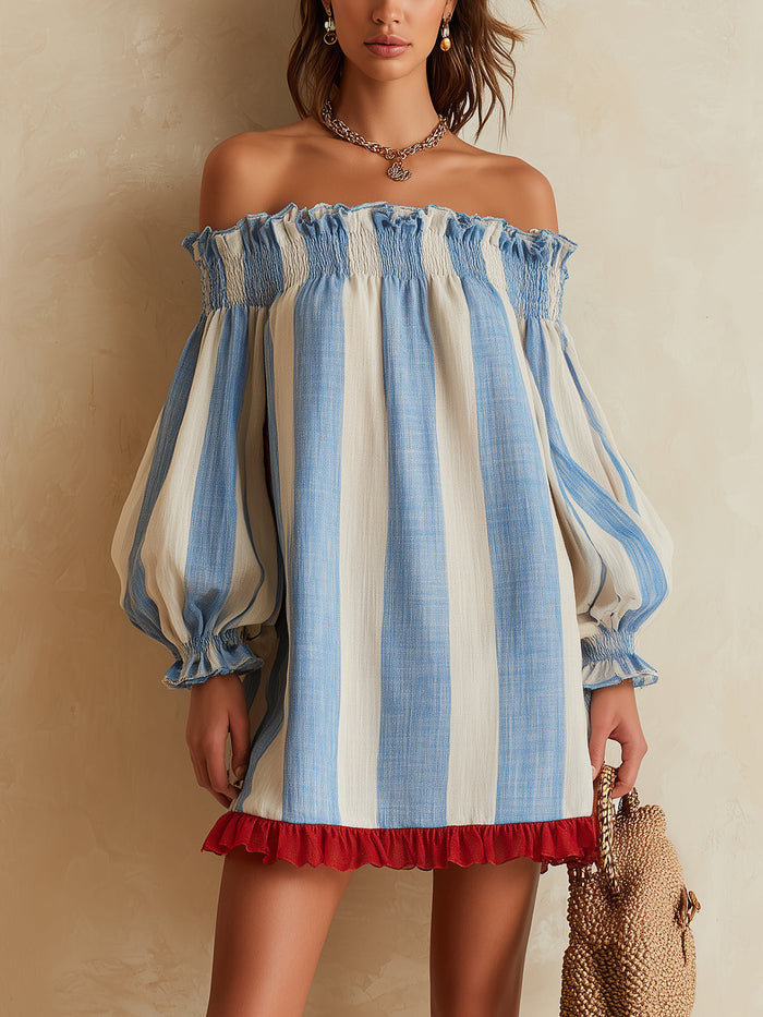 Ondine | Mini Robe Rayée Bleu et Blanc à Épaules Dénudées et Ourlet Contrasté