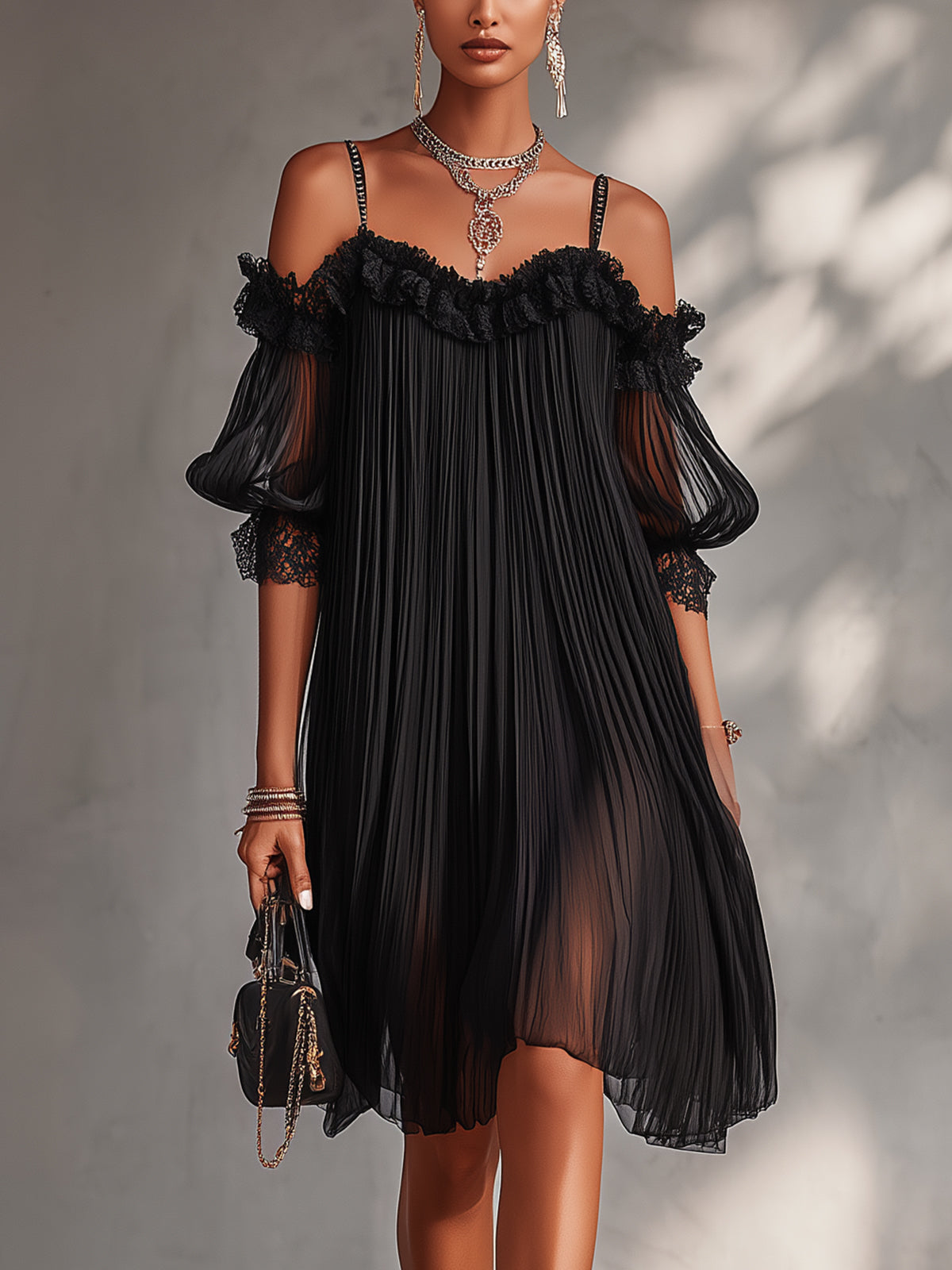 Camille | Robe Mini en Mousseline Noire à Épaules Dénudées et Bordure en Dentelle