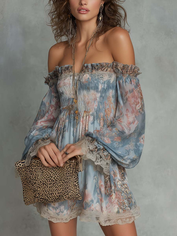 Romane | Robe Mini en Mousseline Froncée à Épaules Dénudées et Fleurs Romantiques