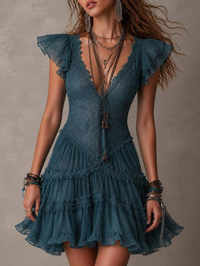 Delphine | Mini Robe à Volants en Dentelle et Mousseline Bleu Rétro