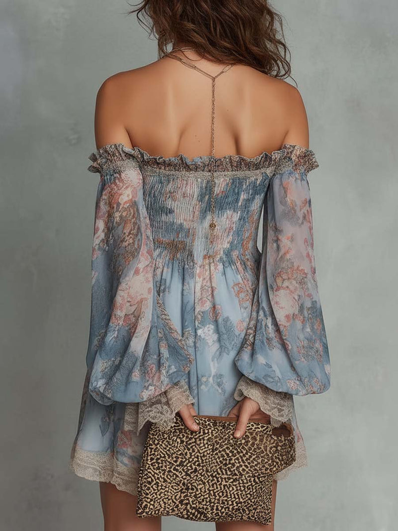 Romana | Abito Corto Chiffon Arricciato a Fiori, le spalle scoperte senza stringere