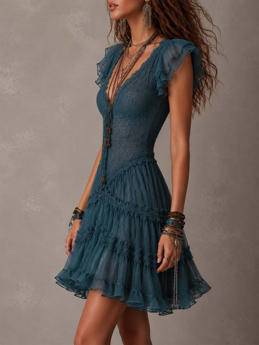 Delphine | Mini Robe à Volants en Dentelle et Mousseline Bleu Rétro