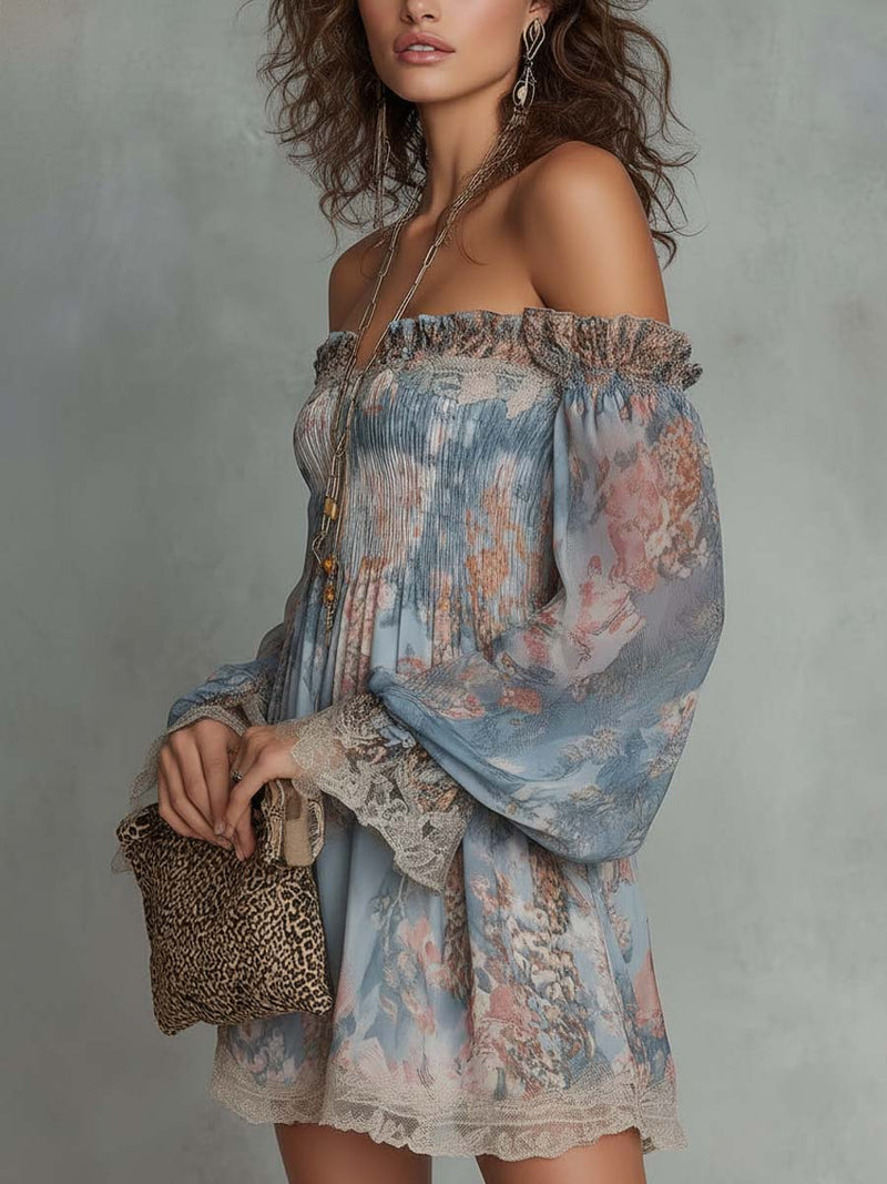 Romana | Abito Corto Chiffon Arricciato a Fiori, le spalle scoperte senza stringere