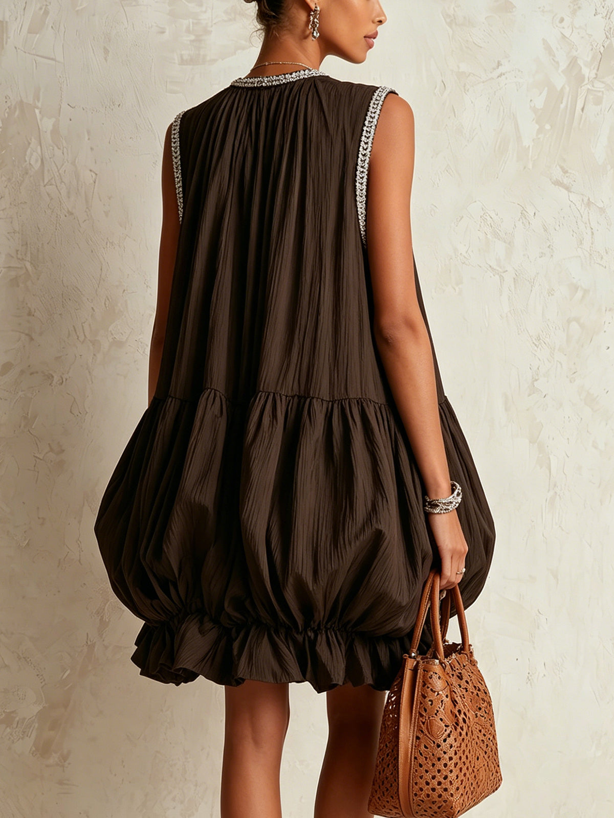 Colette | Mini Robe Sans Manches Marron à Ourlet Bouffant