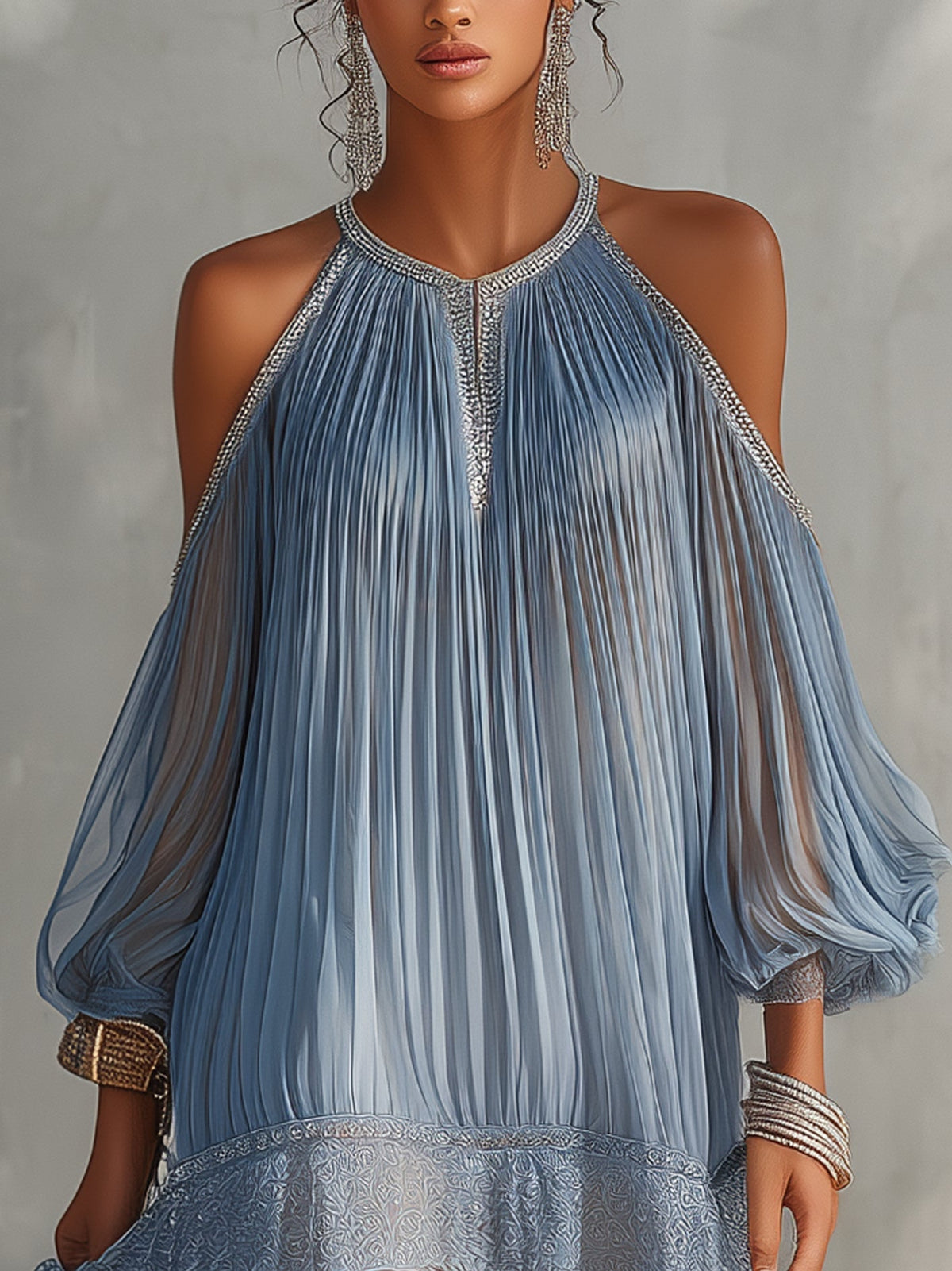Séraphine | Robe Mini Bleue à Épaules Dénudées Froncée et Ourlet en Dentelle