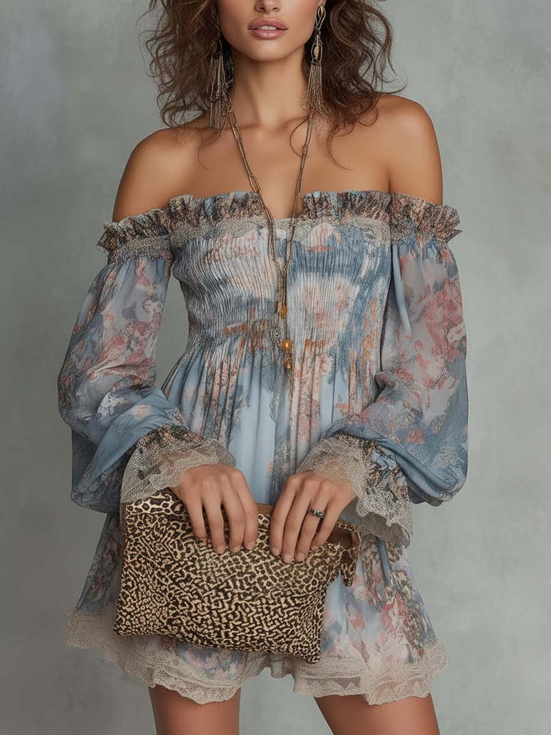 Romana | Abito Corto Chiffon Arricciato a Fiori, le spalle scoperte senza stringere