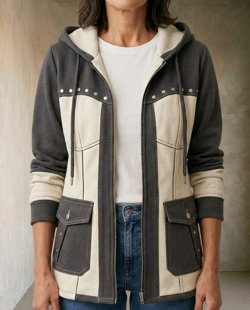 Veronica | Giacca con Cappuccio Bimateriale, colore grigio antracite ed écru, vista frontale