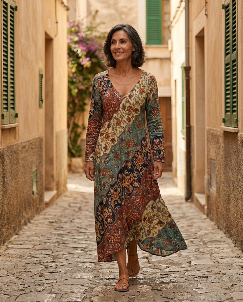 Manuela | Abito Lungo a Fantasia, indossato mentre passeggia in un vicolo di paese