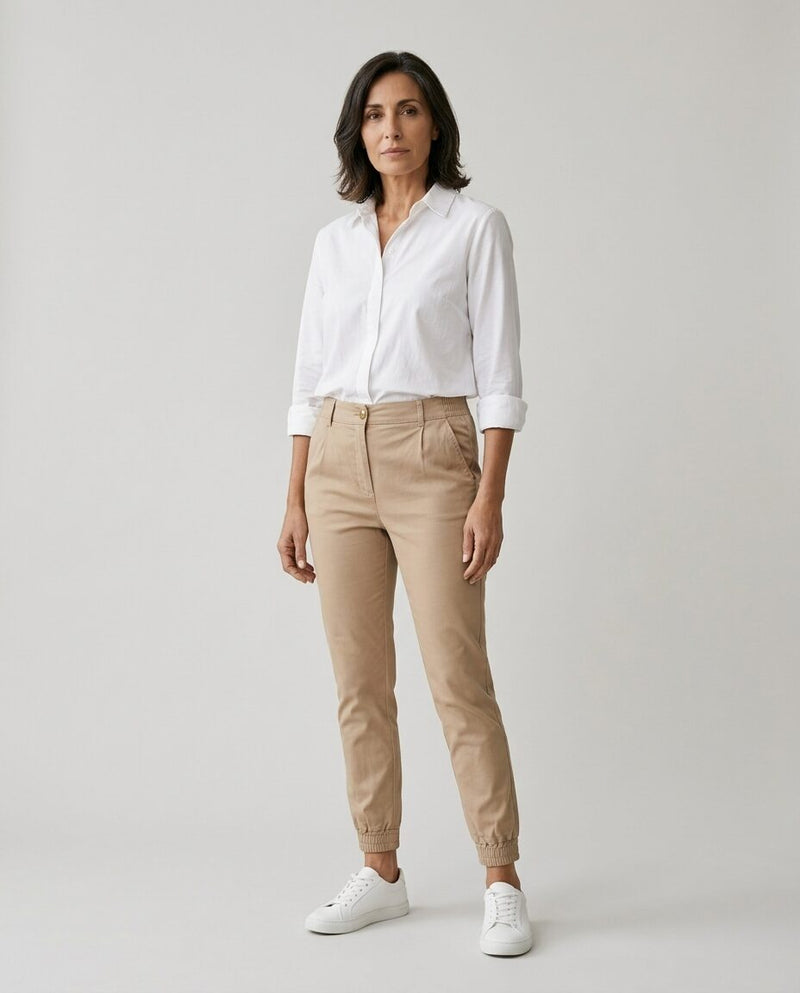 Renata | Pantalone con Polsino alla Caviglia, colore kaki, vista frontale con camicia bianca