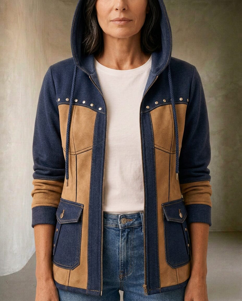 Veronica | Giacca con Cappuccio Bimateriale, colore blu navy e beige, con il cappuccio alzato