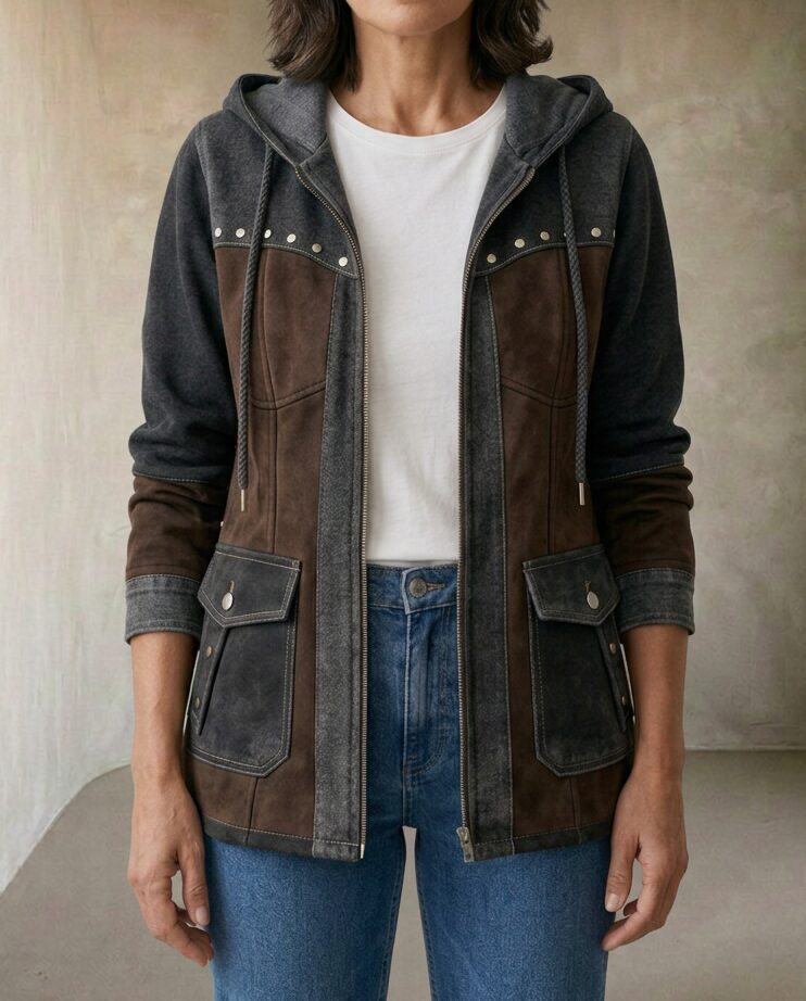 Veronica | Giacca con Cappuccio Bimateriale, colore grigio antracite e marrone, vista frontale