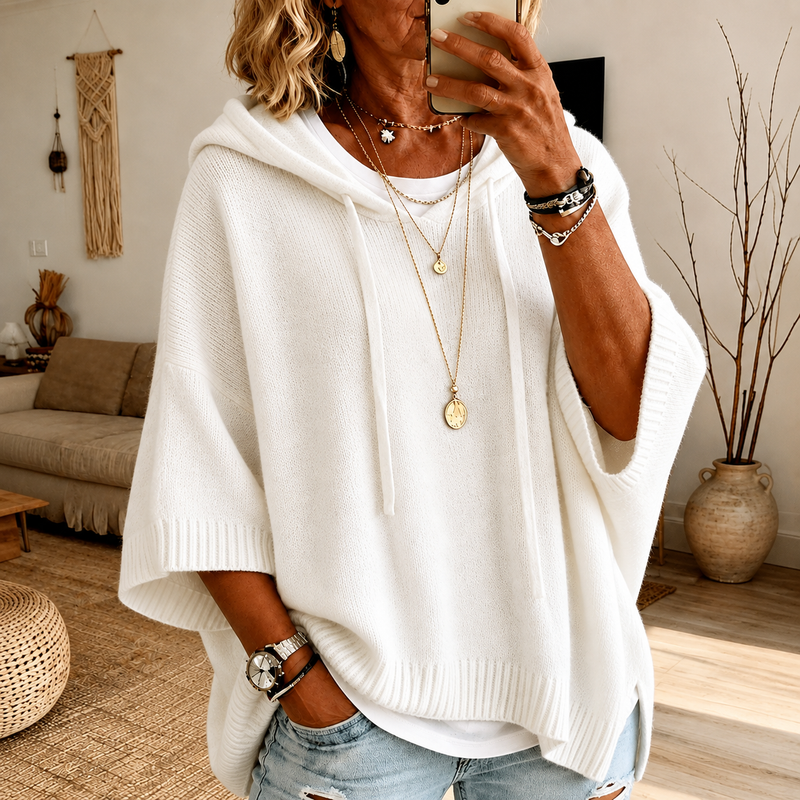 Caterina maglione poncho con cappuccio bianco