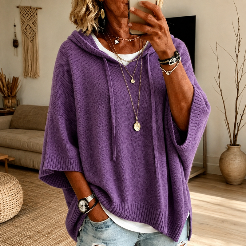 Caterina maglione poncho con cappuccio viola