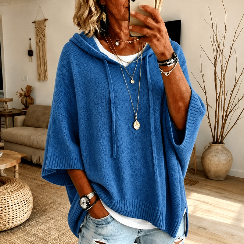 Caterina maglione poncho con cappuccio blu cobalto