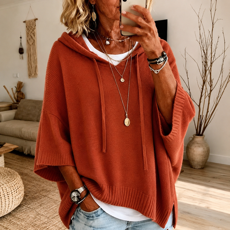 Caterina maglione poncho con cappuccio terracotta