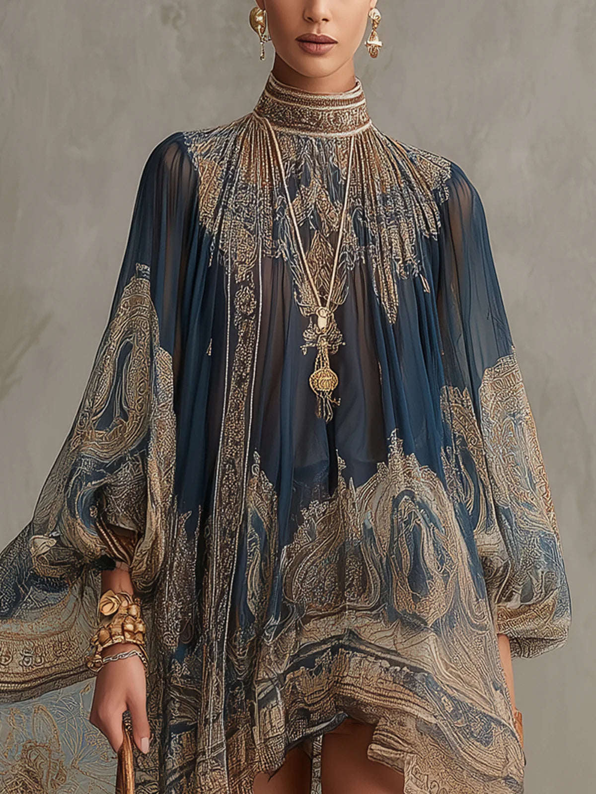 Bérénice | Robe Mini en Mousseline Asymétrique à Imprimé Baroque Bleu Marine et Col Montant