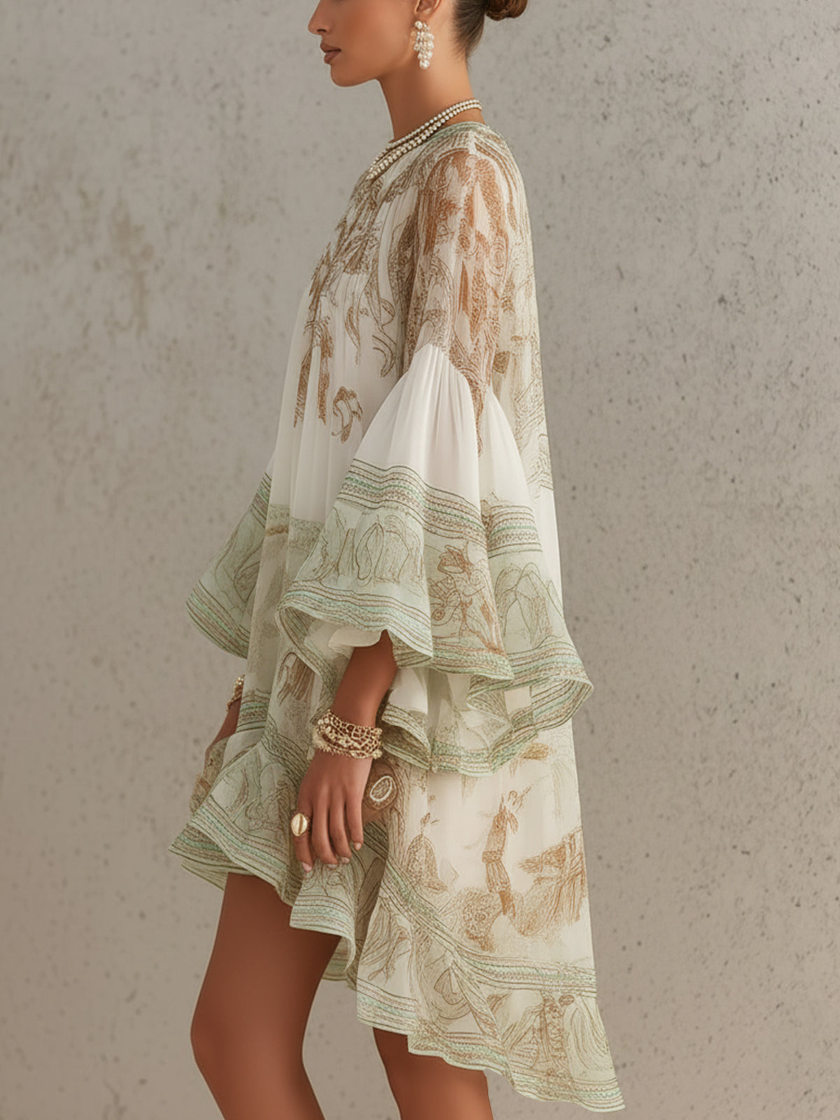Rosalie | Robe Mini en Mousseline à Manches Volantées et Ourlet Rayé Vert