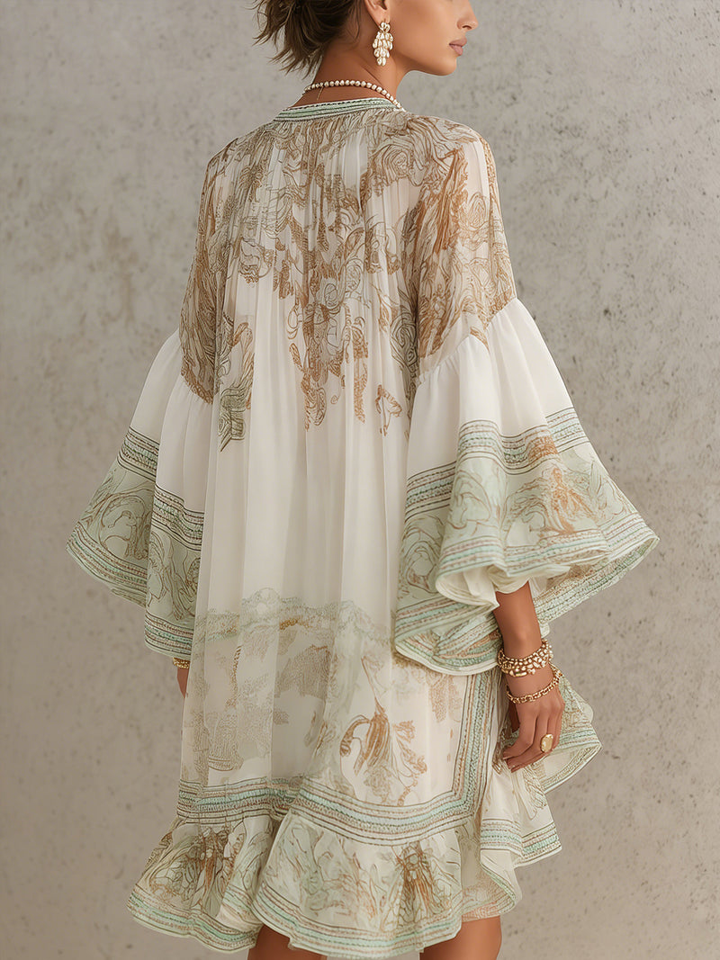 Rosalia | Abito Corto in Chiffon, il verde salvia con il bordo dorato
