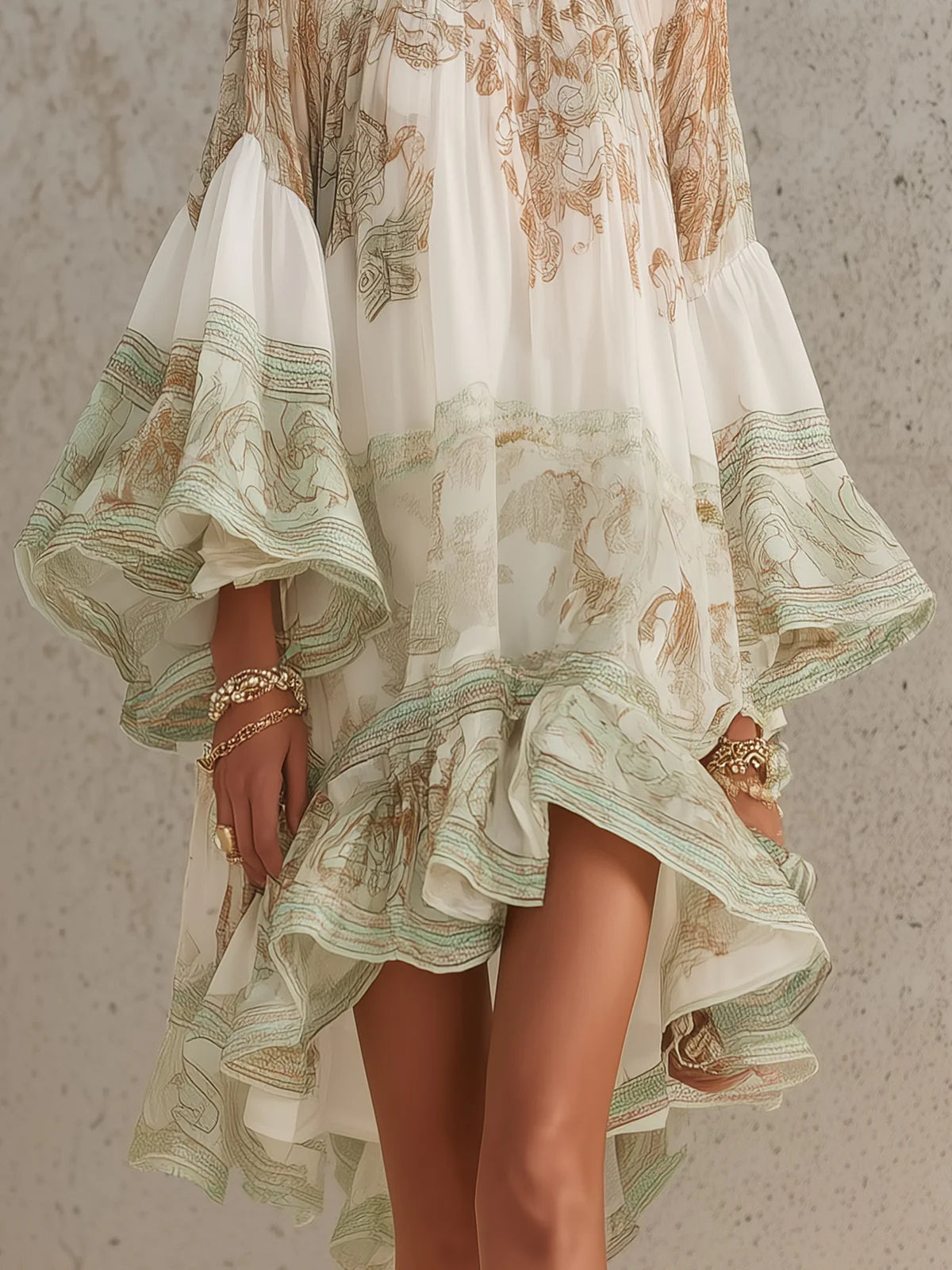 Rosalie | Robe Mini en Mousseline à Manches Volantées et Ourlet Rayé Vert
