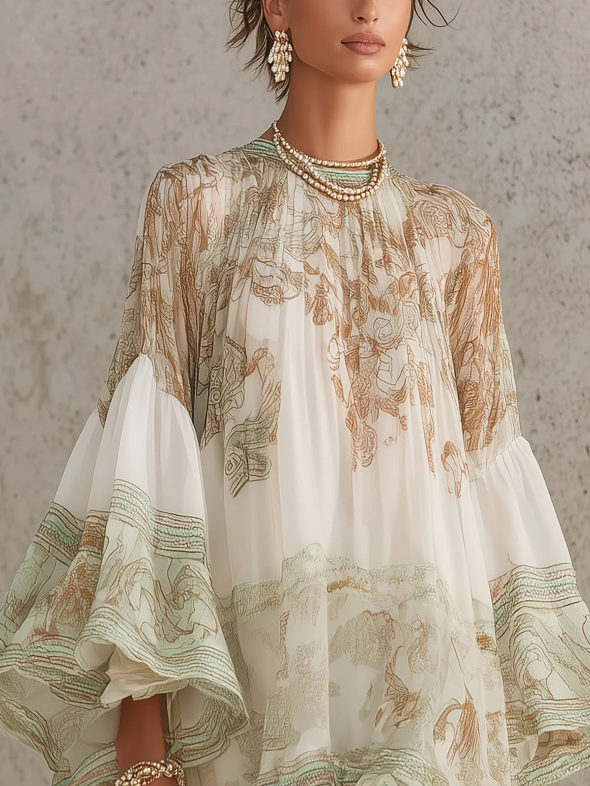 Rosalie | Robe Mini en Mousseline à Manches Volantées et Ourlet Rayé Vert