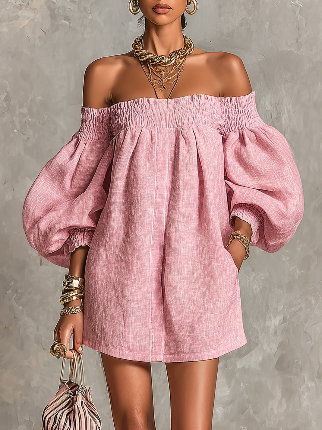 Violette | Robe Mini Trapèze Rose à Manches Lanterne et Épaules Dénudées