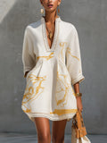 Aliénor | Robe Mini en Dentelle Crochetée Ivoire à Motifs Dorés et Décolleté en V