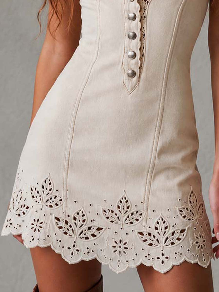 Gabrielle | Robe Mini en Dentelle Ajourée Ivoire à Décolleté en V