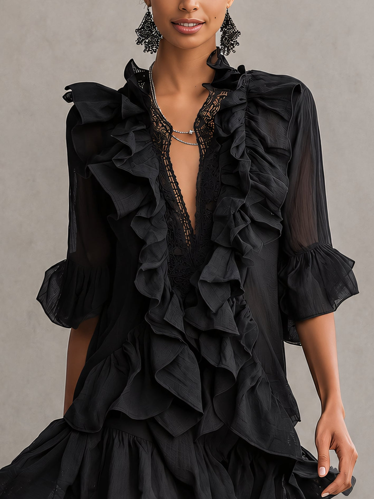 Anaïs | Robe Mini en Mousseline Noire à Volants