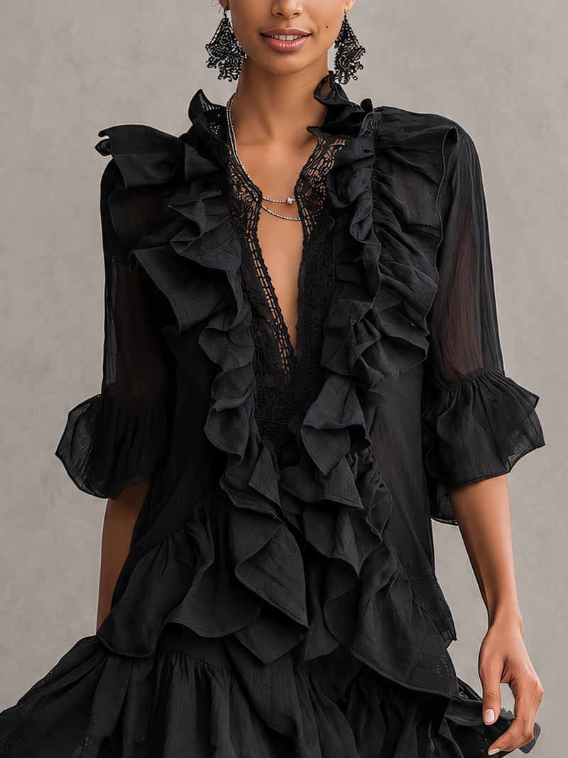 Annalisa | Abito Corto in Chiffon con Volant, il nero che si muove con te