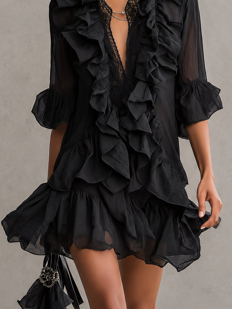 Annalisa | Abito Corto in Chiffon con Volant, il nero che si muove con te