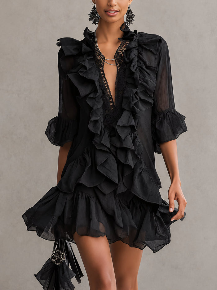 Annalisa | Abito Corto in Chiffon con Volant, il nero che si muove con te