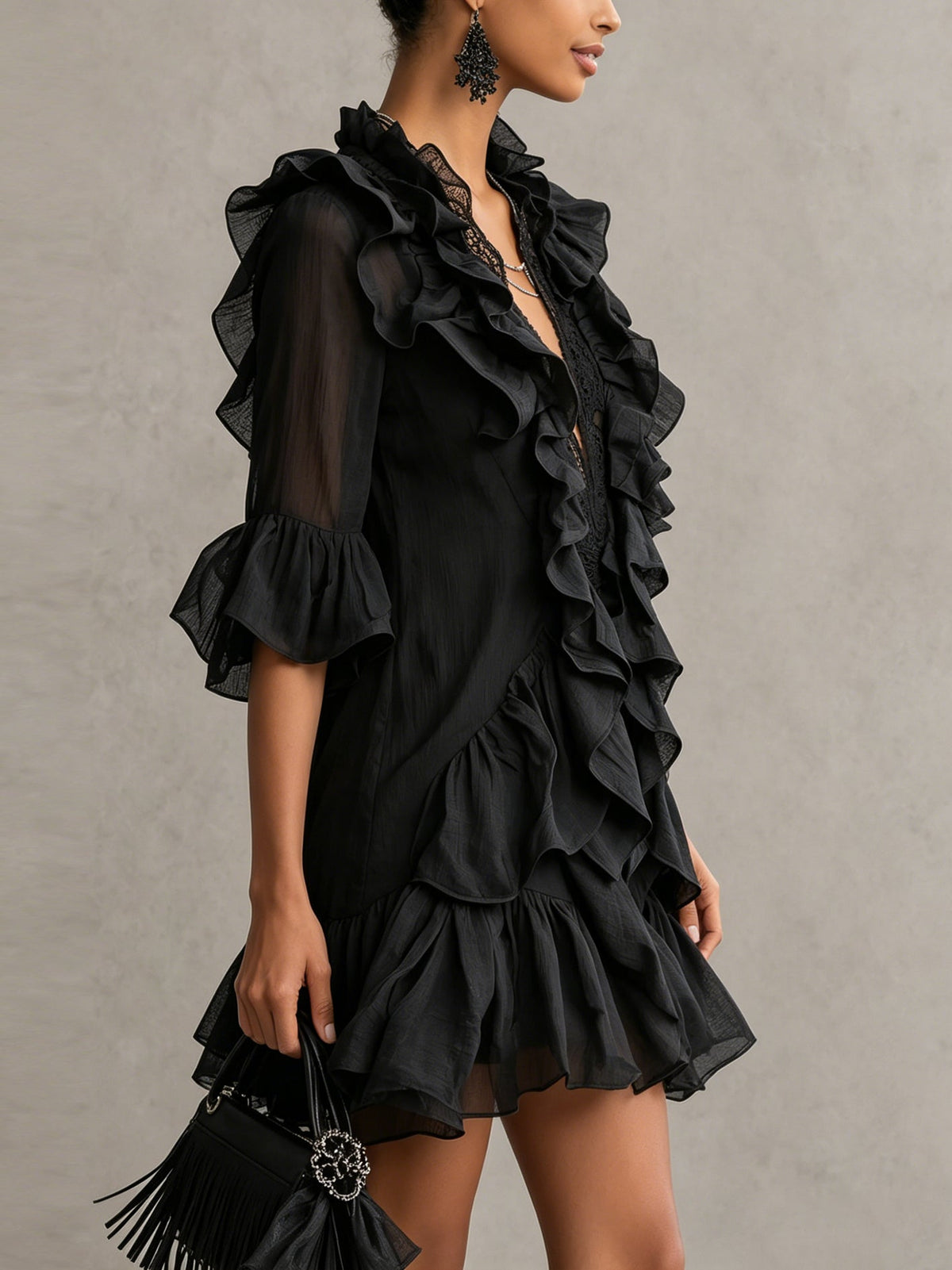 Anaïs | Robe Mini en Mousseline Noire à Volants