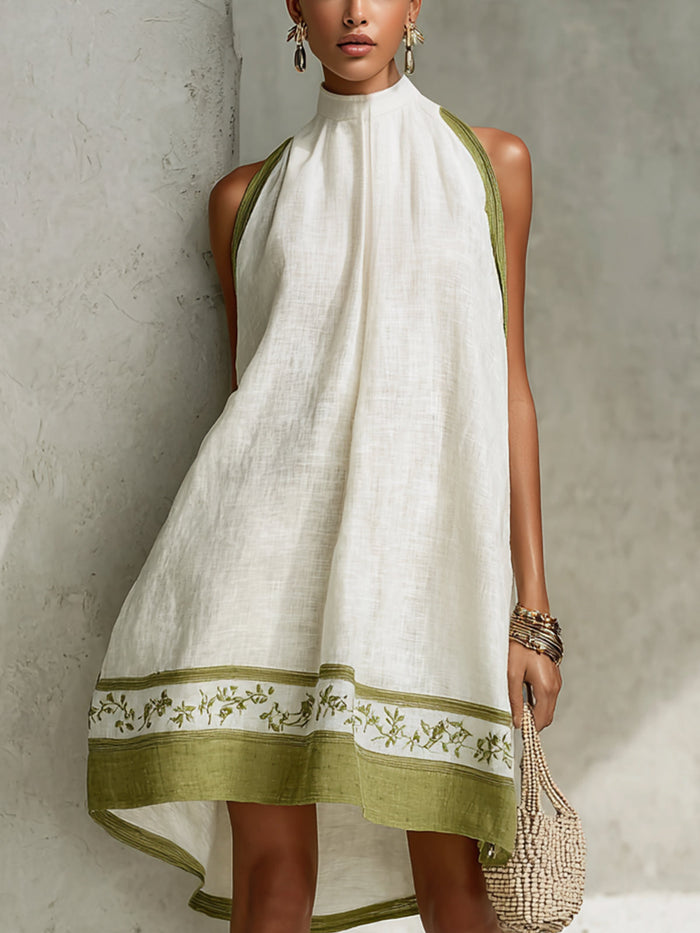 Agathe | Robe Mini Trapèze Sans Manches Blanche et Vert Olive à Fleurs
