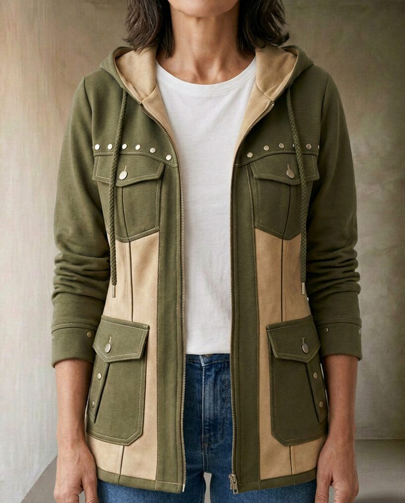 Veronica | Giacca con Cappuccio Bimateriale, colore verde oliva e beige, vista frontale