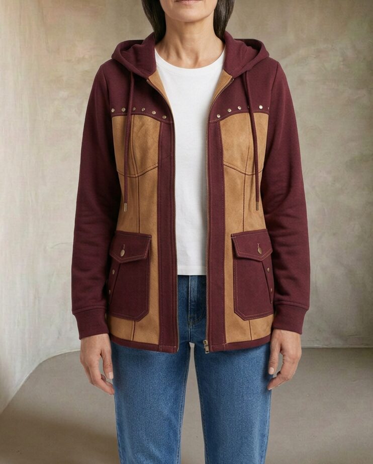 Veronica | Giacca con Cappuccio Bimateriale, colore bordeaux e cammello, vista frontale