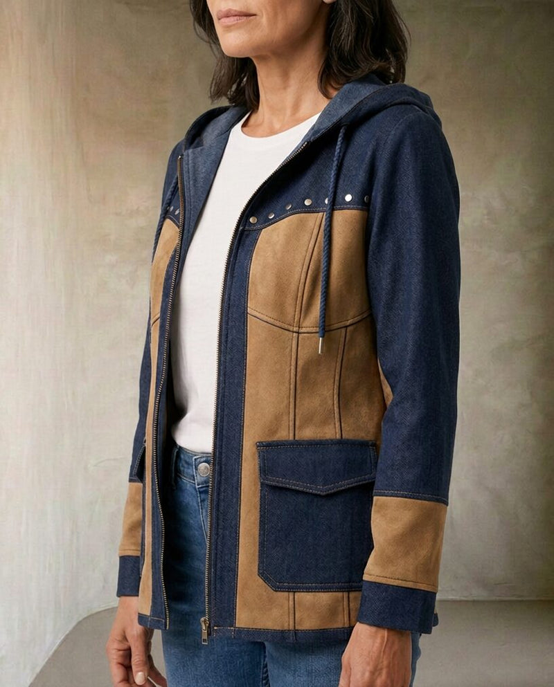 Veronica | Giacca con Cappuccio Bimateriale, colore blu navy e beige, vista di tre quarti