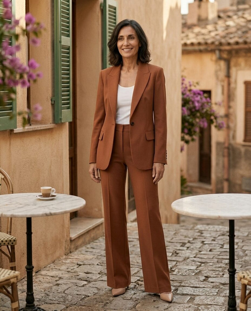 Rossella | Tailleur Pantalone Sartoriale, colore marrone, indossato in un borgo italiano