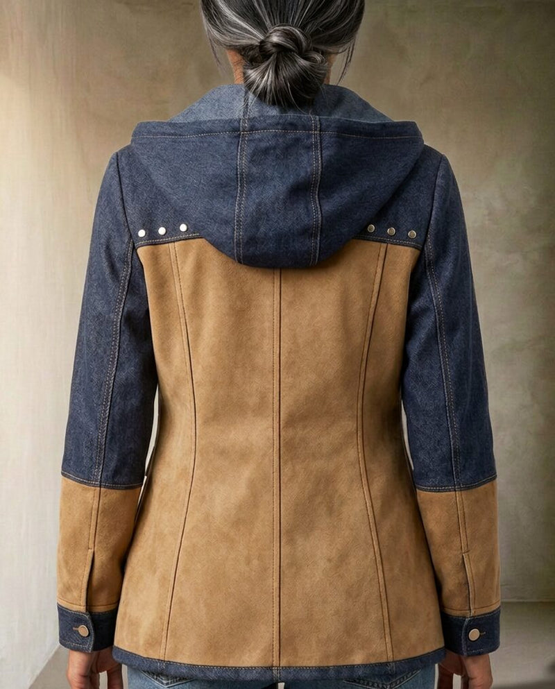 Veronica | Giacca con Cappuccio Bimateriale, colore blu navy e beige, vista posteriore