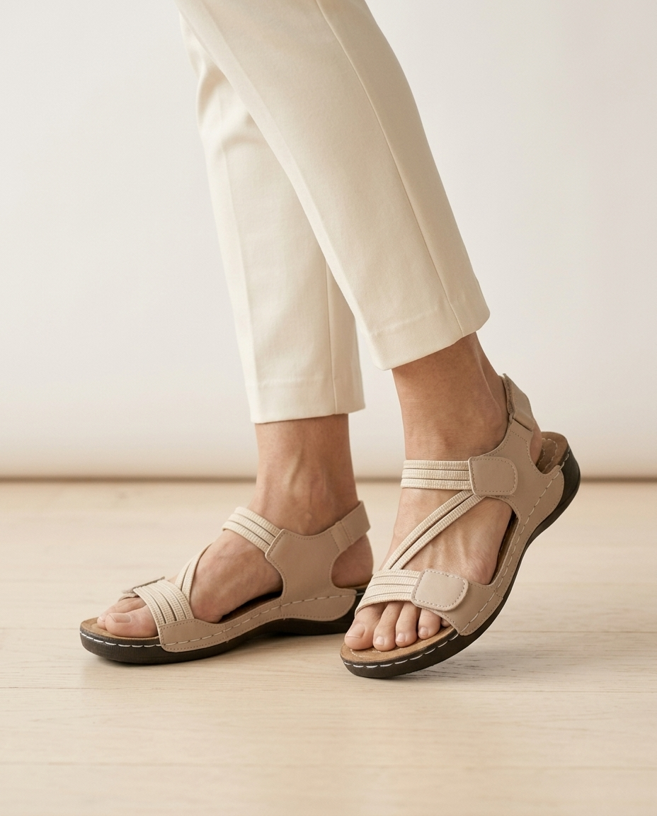 Sandalo Graziella Beige indossato, vista ai piedi