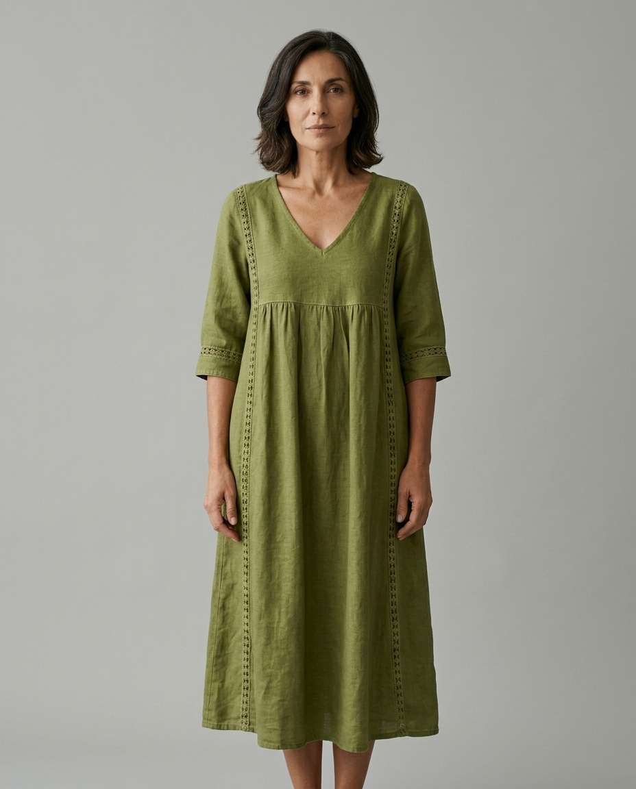 Marcella | Abito Midi in Lino, colore Verde, vista frontale su modella