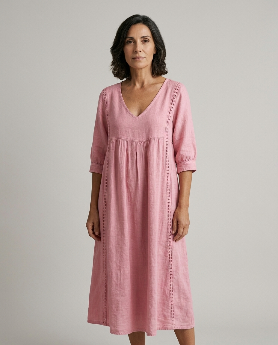 Marcella | Abito Midi in Lino, colore Rosa, vista frontale su modella