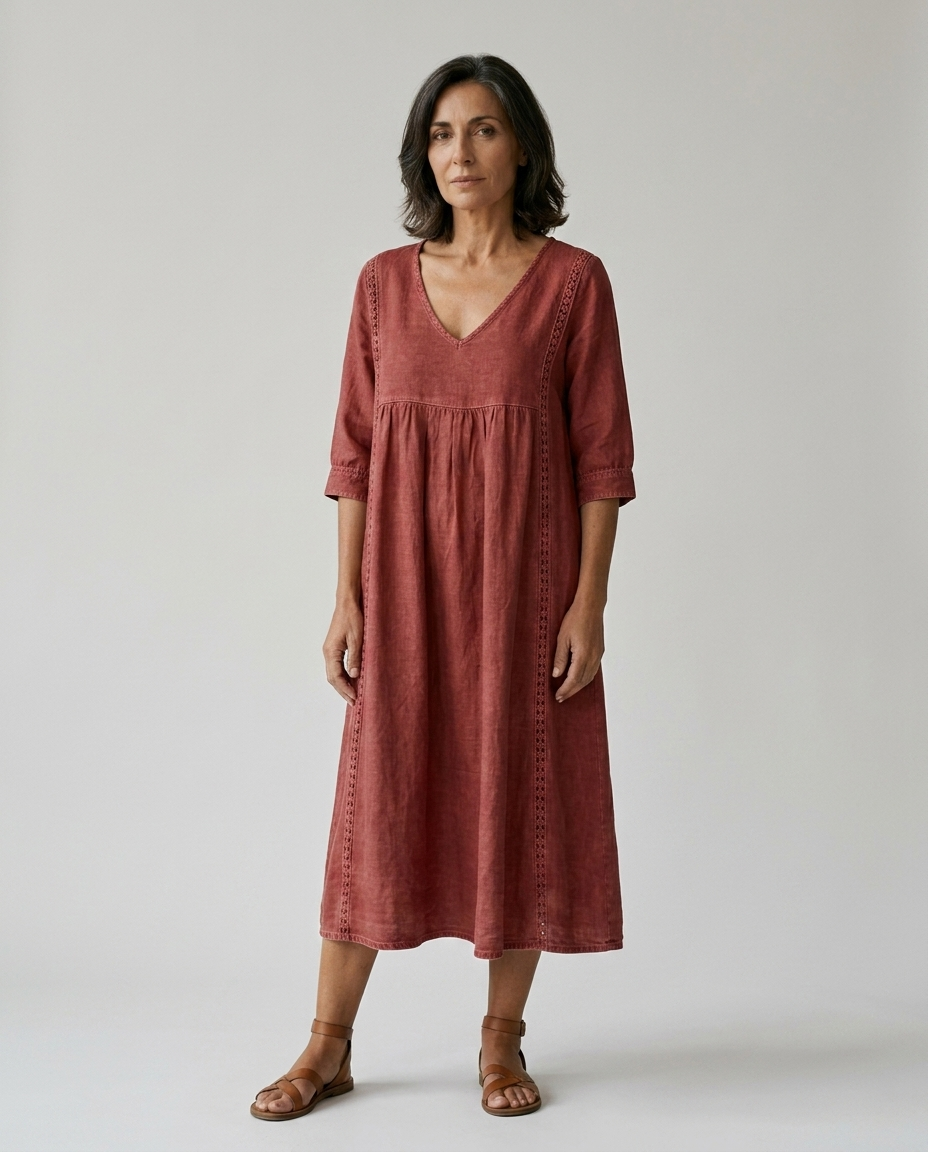 Marcella | Abito Midi in Lino, colore Rosso, vista frontale su modella