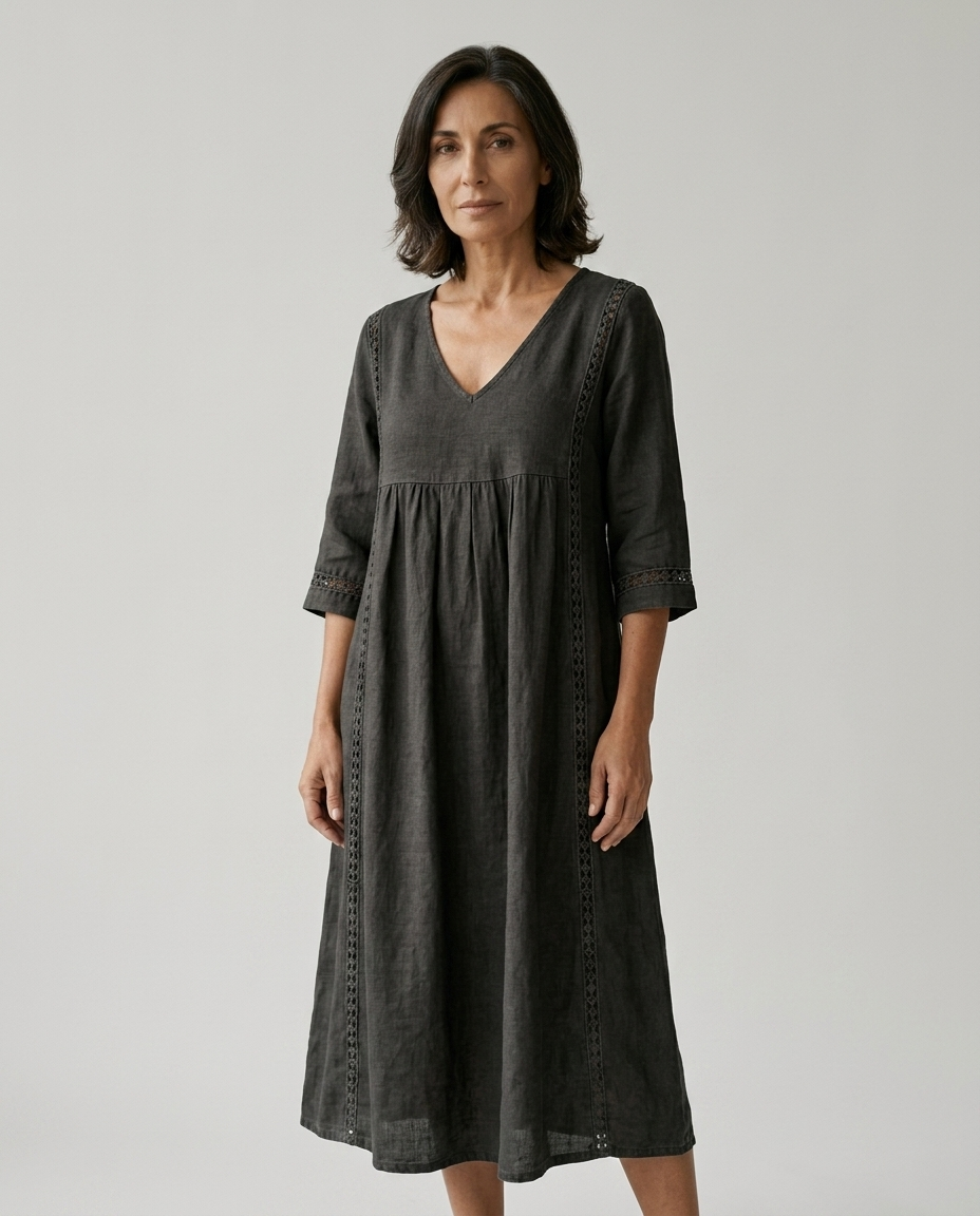 Marcella | Abito Midi in Lino, colore Nero, vista frontale su modella